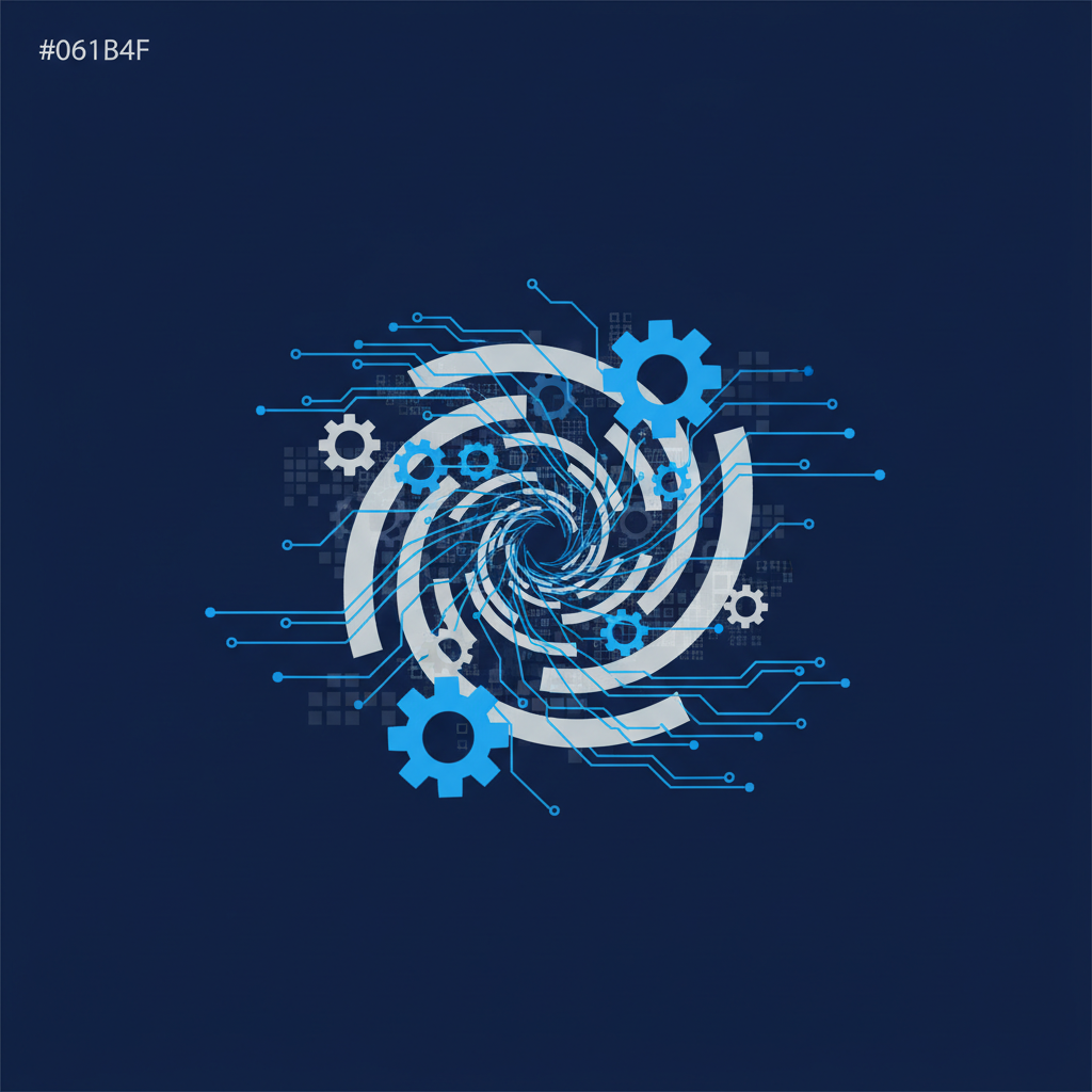 Ilustração abstrata de engrenagens interconectadas com linhas fluidas representando fluxo de dados e otimização.