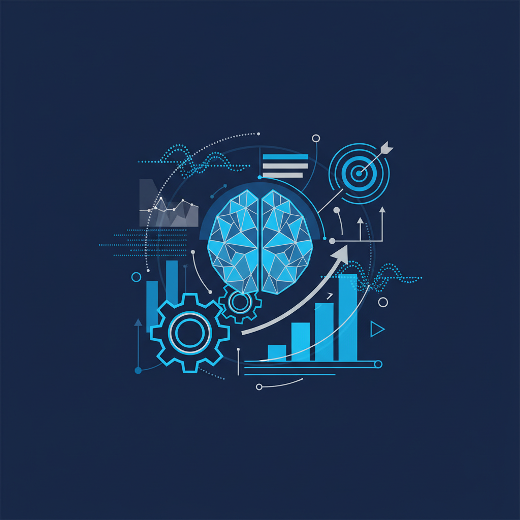 Ilustração abstrata representando a interseção de inteligência artificial e marketing com engrenagens, gráficos e elementos digitais.