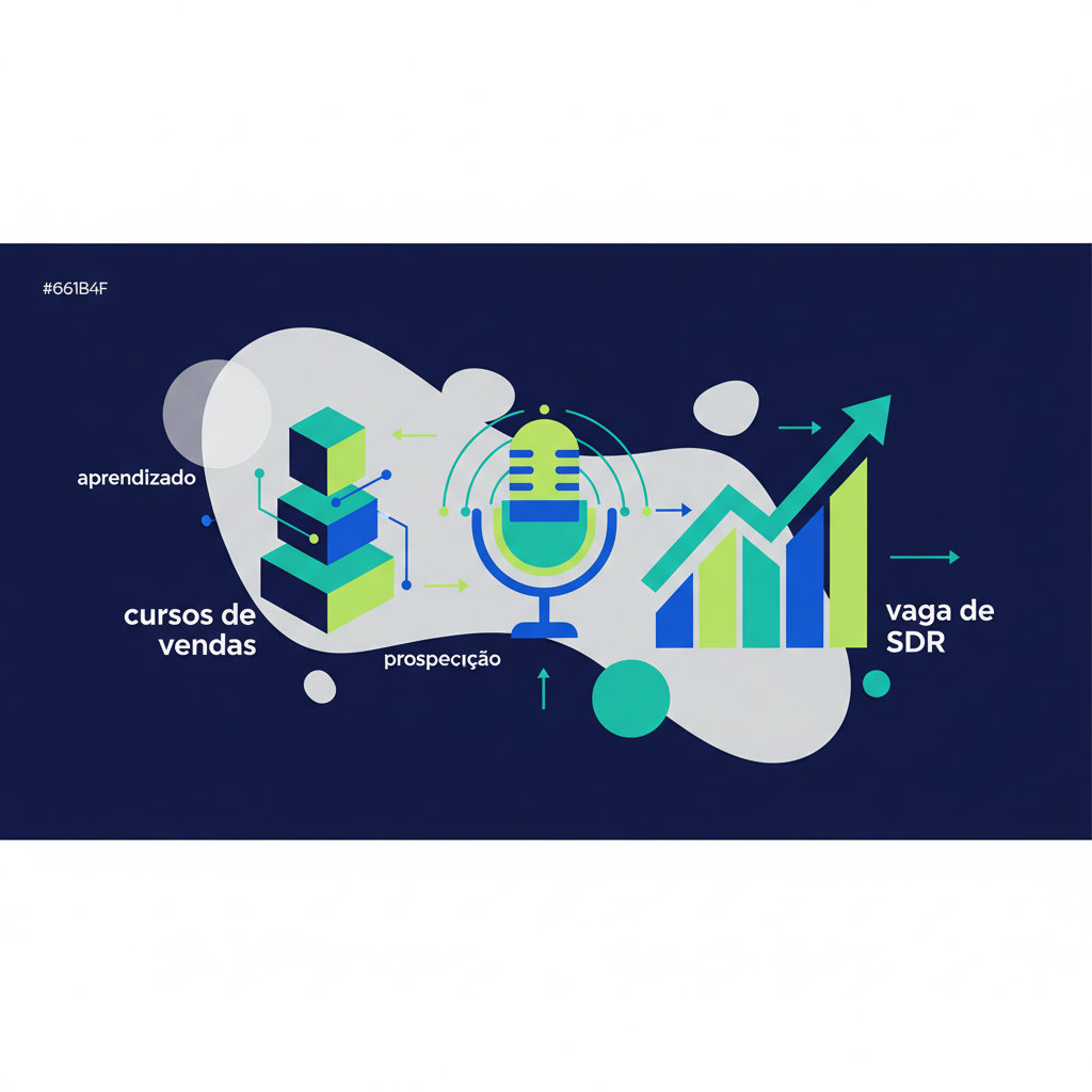 Ilustração abstrata com elementos que remetem a aprendizado, comunicação e gráficos de crescimento, em tons de azul e verde.