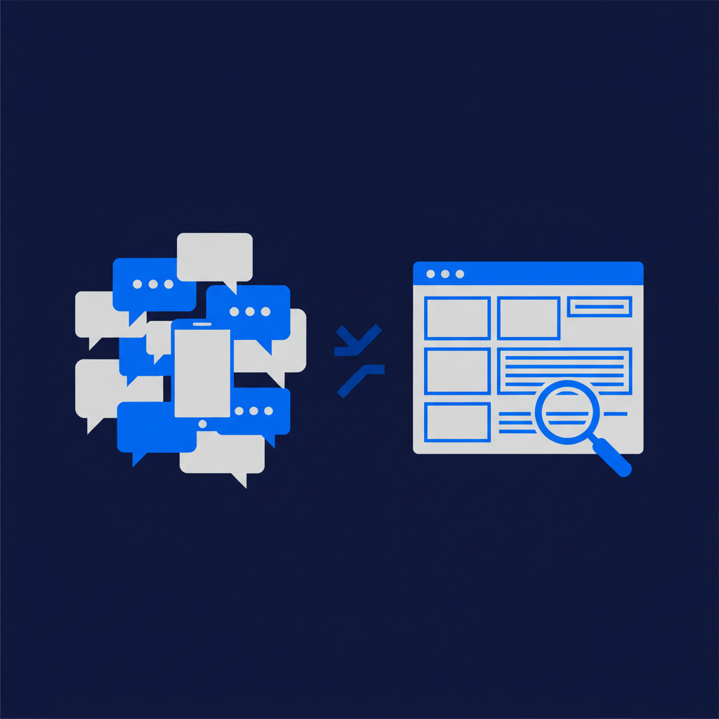 Ilustração abstrata de duas formas diferentes de buscar por vagas, uma representando grupos de mensagens e outra sites, com ícones de celular e lupa.