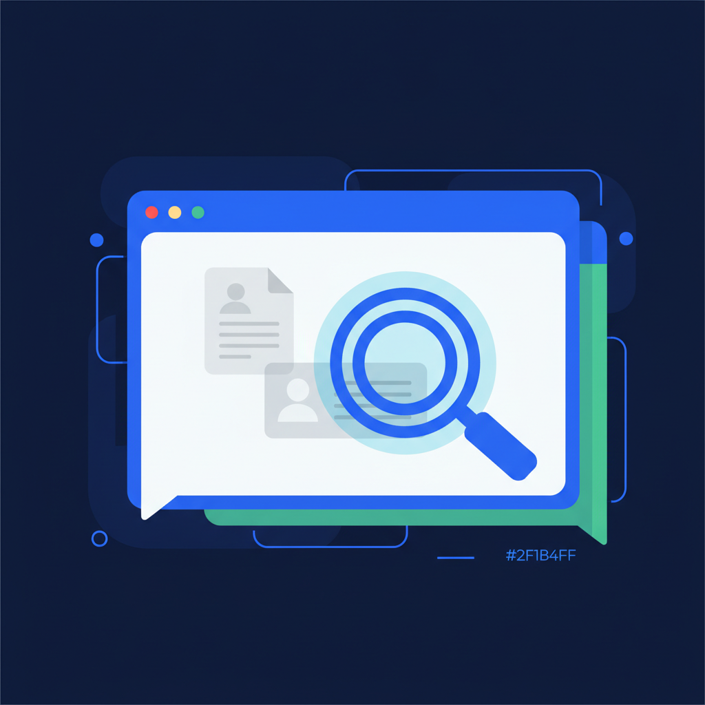 Ilustração abstrata de um grupo de mensagens digitais com ícones de documentos e pessoas, com uma lupa apontando para uma vaga de emprego, em tons de azul e verde.