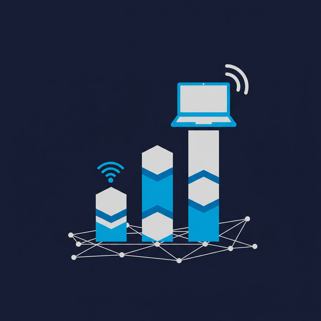 Um gráfico de barras ou pizza estilizado, representando dados financeiros ou salariais, com elementos que sugerem trabalho remoto, como um laptop ou um ícone de Wi-Fi, em tons azuis e cinzas.