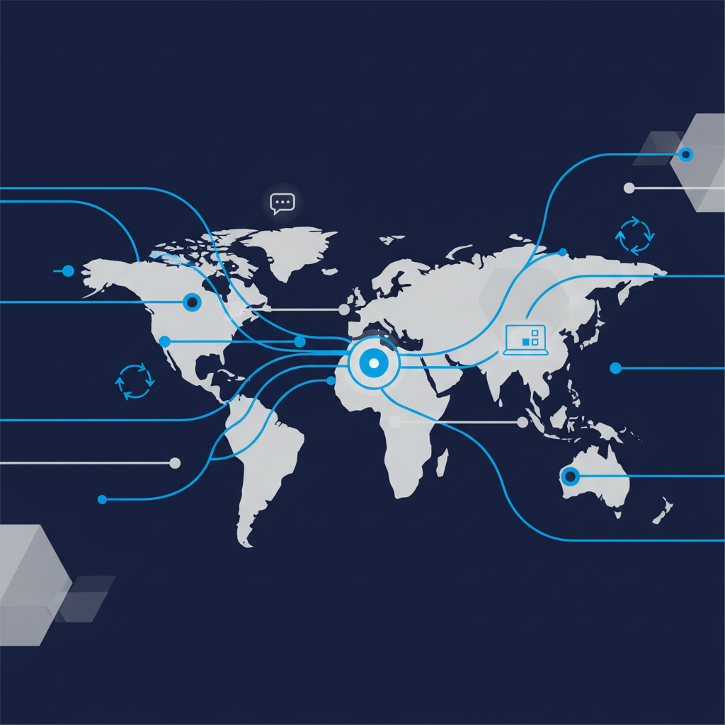 Ilustração abstrata de uma rede de contatos global com ícones de comunicação e equipes virtuais.